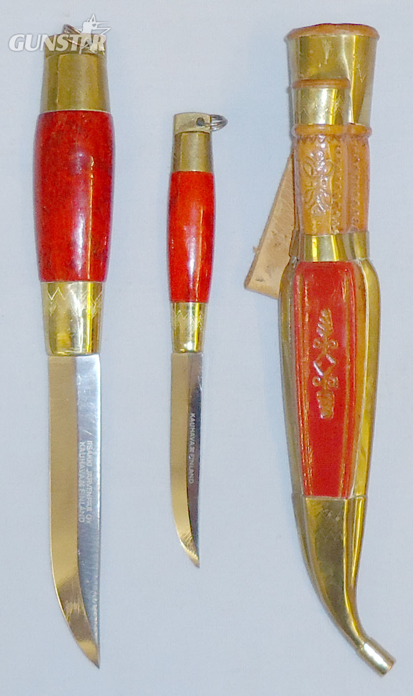Pair of Finnish Hunting/Skinning Knives and Leather/Brass scabbard. 21042. Knive in 