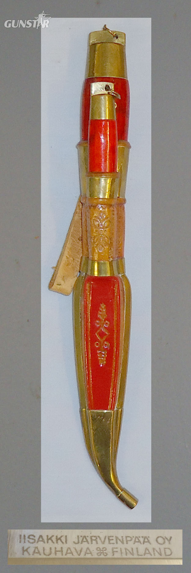 Pair of Finnish Hunting/Skinning Knives and Leather/Brass scabbard. 21042. Knive