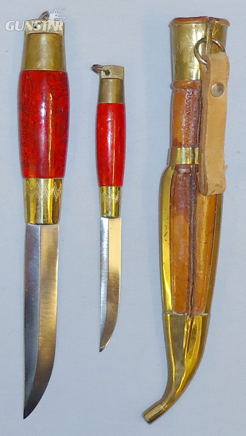  Pair of Finnish Hunting/Skinning Knives and Leather/Brass scabbard. 21042. Knive