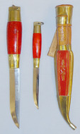 Pair of Finnish Hunting/Skinning Knives and Leather/Brass scabbard. 21042. Knive