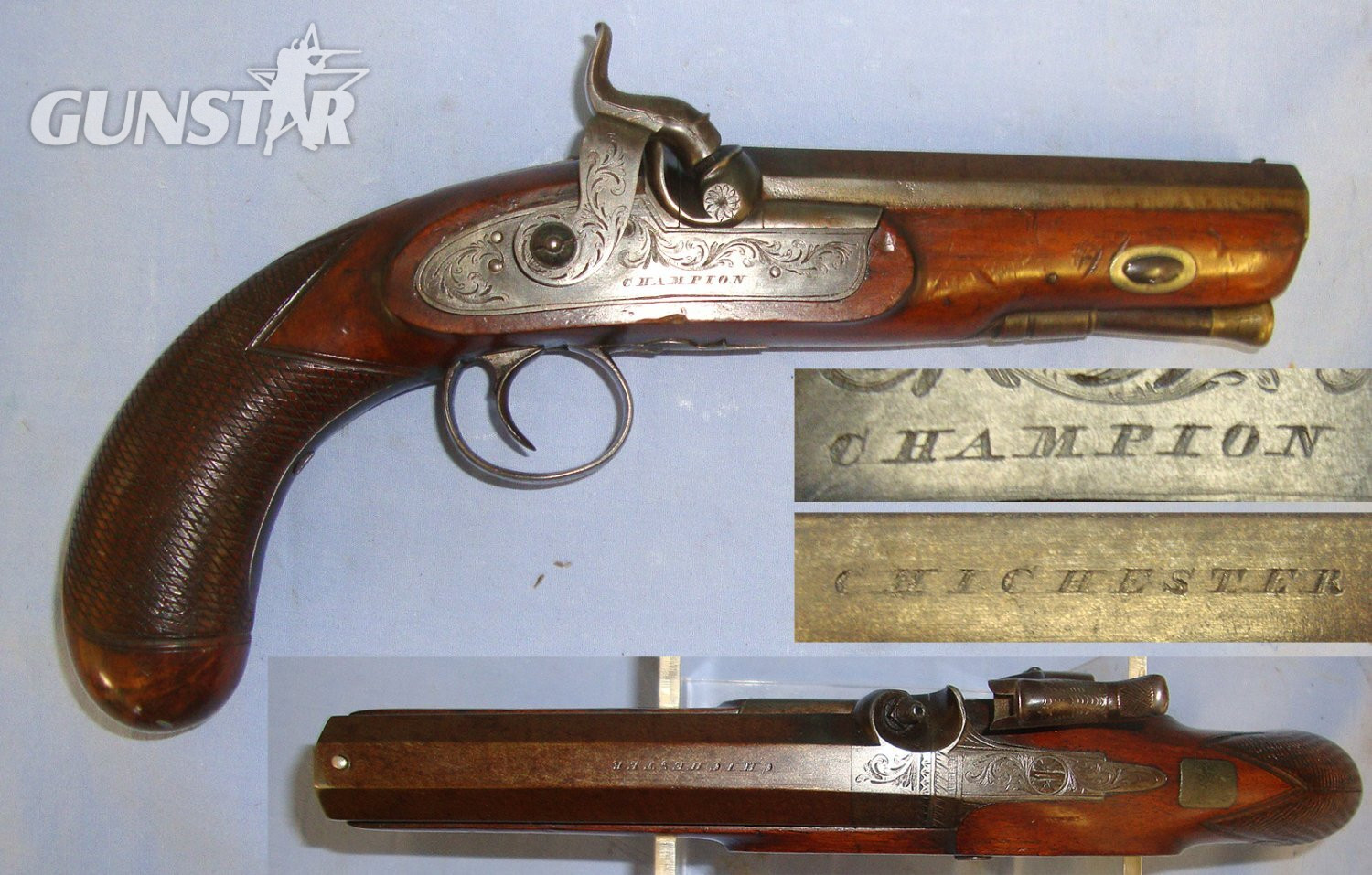 1823-1845 English Champion (James) Chichester (Sussex) 32 Bore Percussion Travelling Pistol With Octagonal Barrel. Sn 23562 percussion pistol None Muzzleloader in 