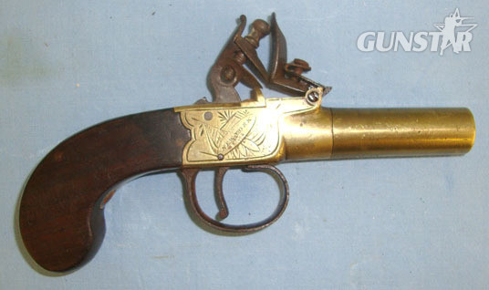 J. P. Moore 50 Bore, Brass Flintlock Pocket Pistol With Turn Off Barrel & English Birmingham  Single Shot in 