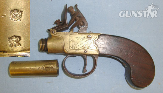 J. P. Moore 50 Bore, Brass Flintlock Pocket Pistol With Turn Off Barrel & English Birmingham  Single Shot