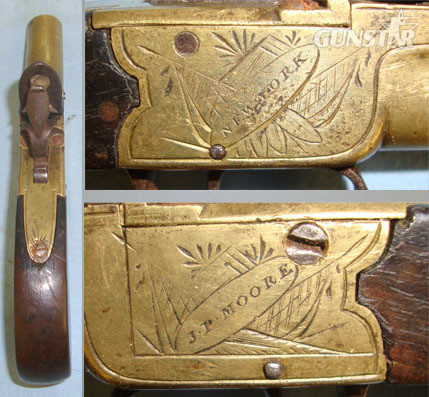 J. P. Moore 50 Bore, Brass Flintlock Pocket Pistol With Turn Off Barrel & English Birmingham  Single Shot