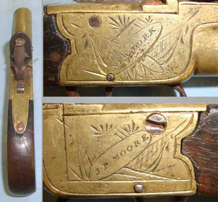  J. P. Moore 50 Bore, Brass Flintlock Pocket Pistol With Turn Off Barrel & English Birmingham  Single Shot