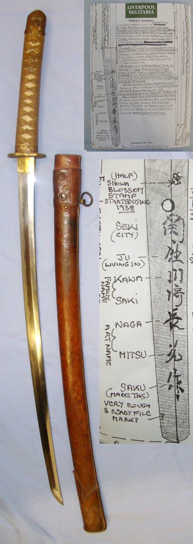 Early WW2 C1939-1940 Japanese Officer's Type 98 Shin Gunto Seki Arsenal Katana Sword With Smith Signed Tang ‘SEKI JU KAWASAKI NAGA MITSU SAKU’ Scabbard With Leather Field Service Cover & Expert Assessment. Sn 22124 Sword in 