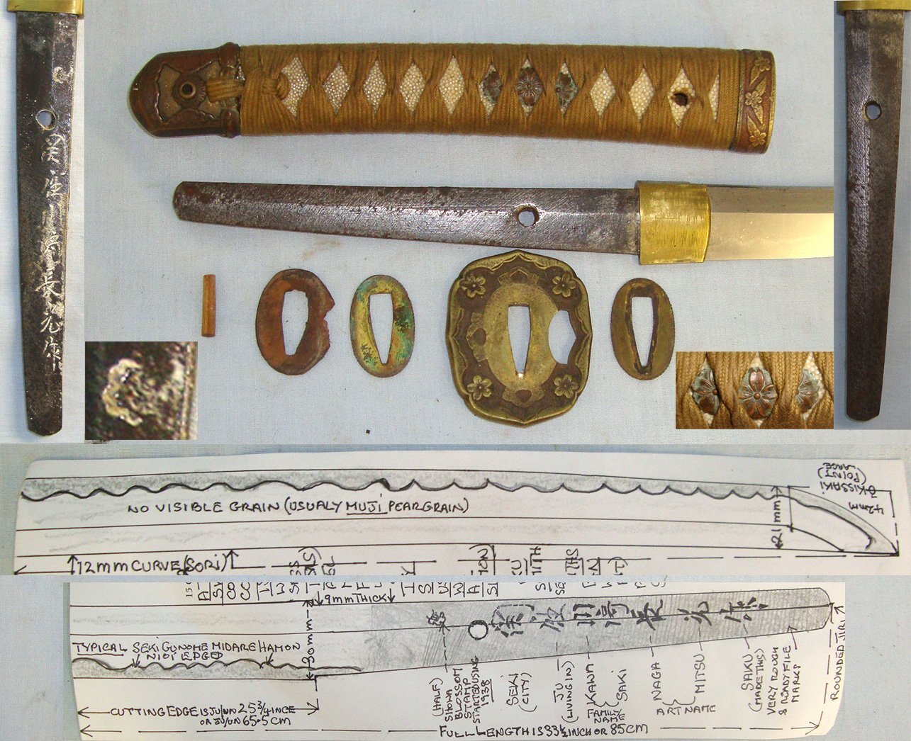  Early WW2 C1939-1940 Japanese Officer's Type 98 Shin Gunto Seki Arsenal Katana Sword With Smith Signed Tang ‘SEKI JU KAWASAKI NAGA MITSU SAKU’ Scabbard With Leather Field Service Cover & Expert Assessment. Sn 22124 Sword
