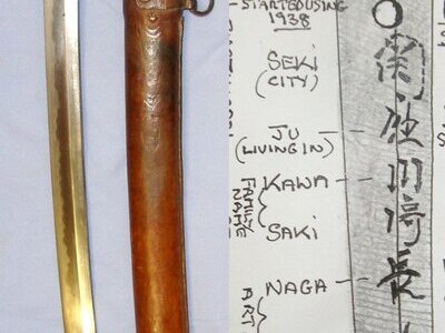 Early WW2 C1939-1940 Japanese Officer's Type 98 Shin Gunto Seki Arsenal Katana Sword With Smith Signed Tang ‘SEKI JU KAWASAKI NAGA MITSU SAKU’ Scabbard With Leather Field Service Cover & Expert Assessment. Sn 22124 Sword