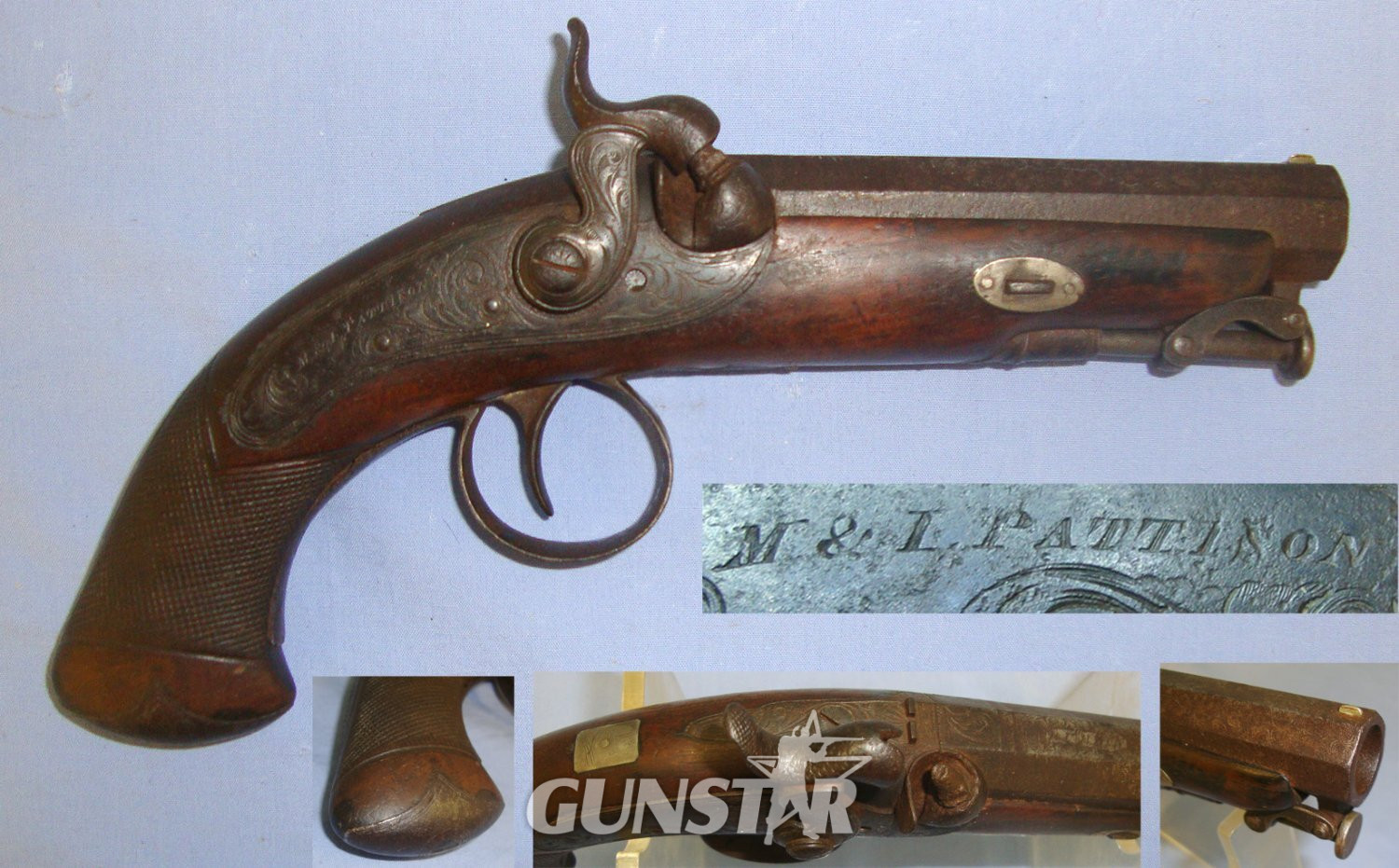 M. & J. Pattison With Fish Tail Stock Octagonal Damascus Steel Barrel & Captive Steel Ram Rod. Sn 21681:12 20 Bore/gauge Muzzleloader in 
