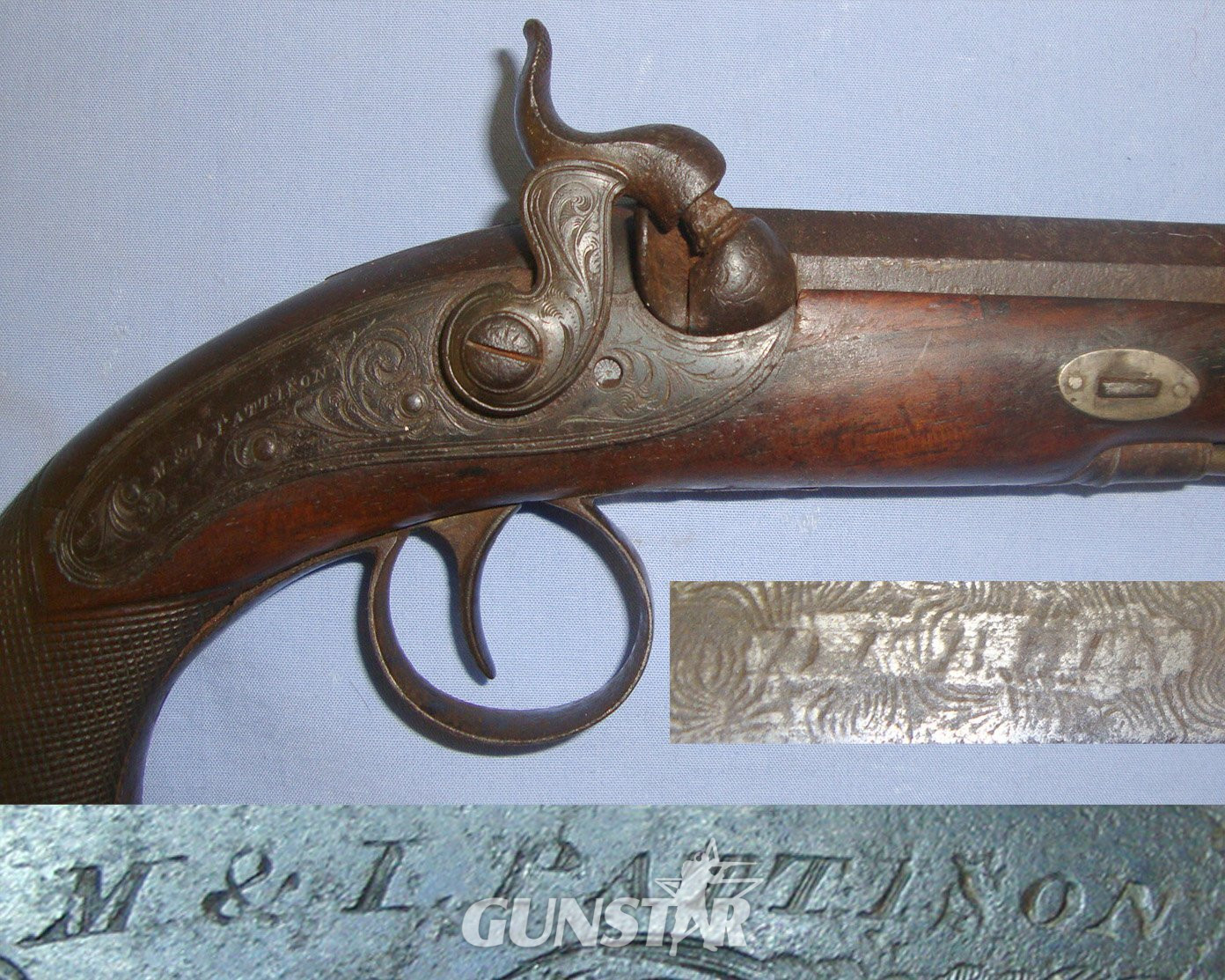 M. & J. Pattison With Fish Tail Stock Octagonal Damascus Steel Barrel & Captive Steel Ram Rod. Sn 21681:12 20 Bore/gauge Muzzleloader