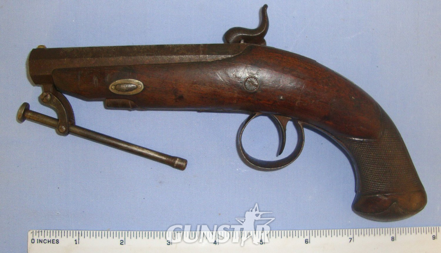  M. & J. Pattison With Fish Tail Stock Octagonal Damascus Steel Barrel & Captive Steel Ram Rod. Sn 21681:12 20 Bore/gauge Muzzleloader