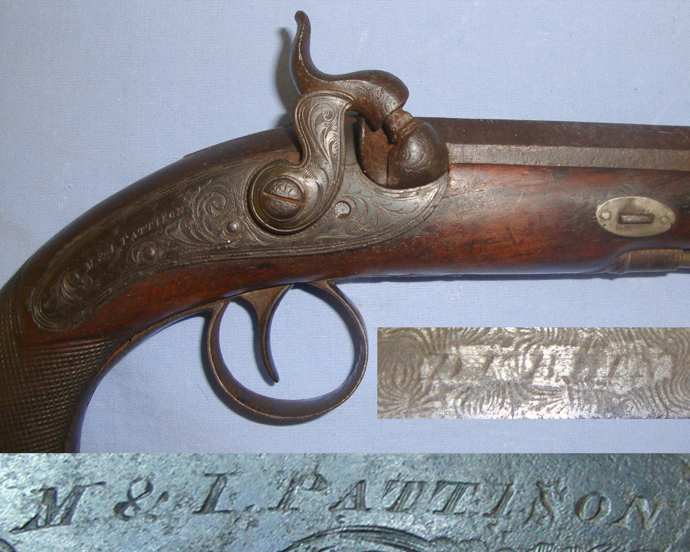 M. & J. Pattison With Fish Tail Stock Octagonal Damascus Steel Barrel & Captive Steel Ram Rod. Sn 21681:12 20 Bore/gauge Muzzleloader