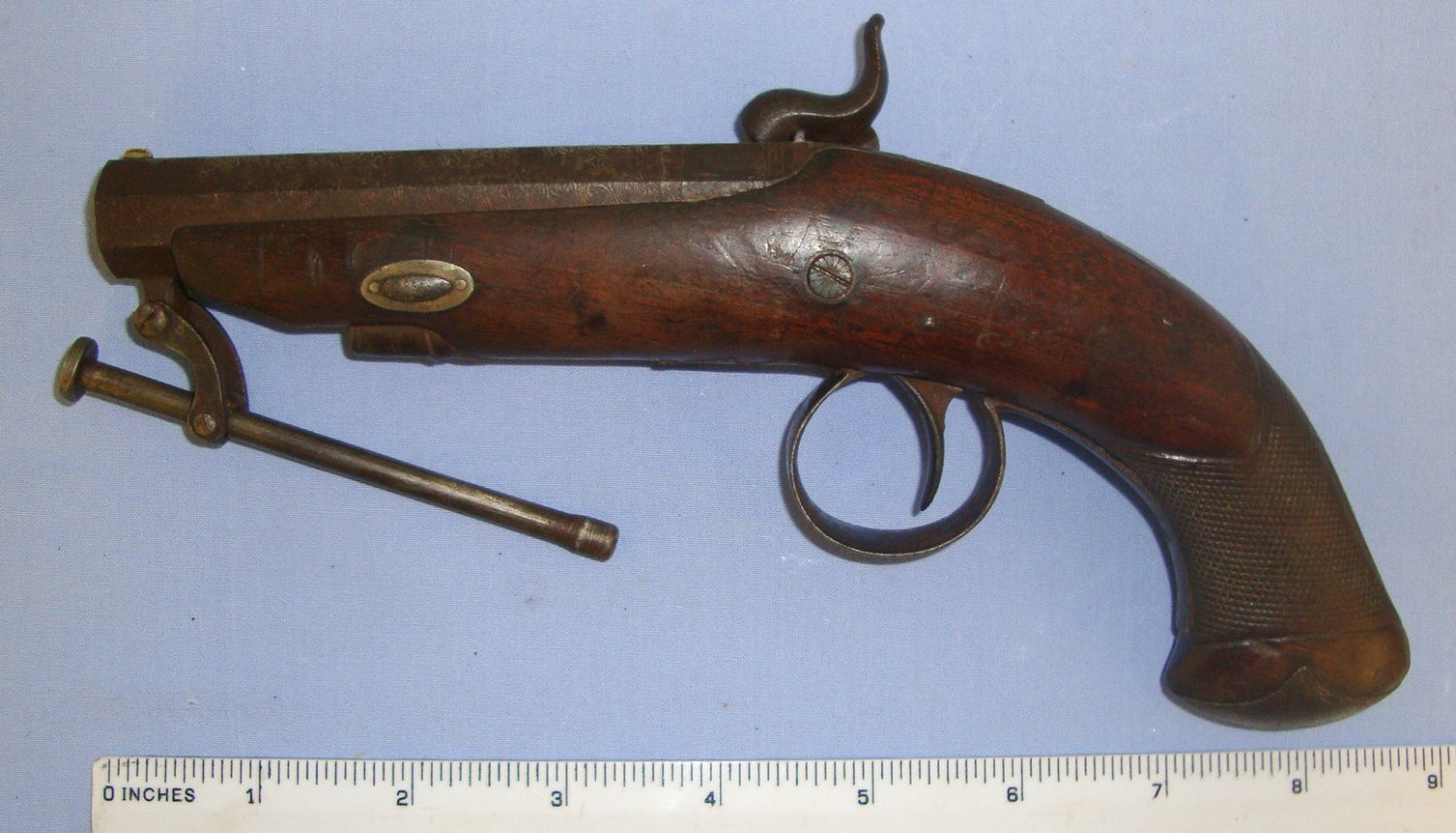  M. & J. Pattison With Fish Tail Stock Octagonal Damascus Steel Barrel & Captive Steel Ram Rod. Sn 21681:12 20 Bore/gauge Muzzleloader