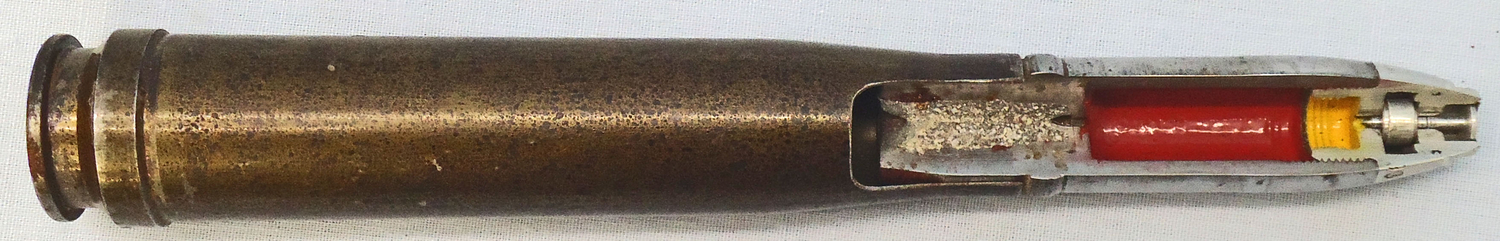 INERT DEACTIVATED. German, WW2, 1944 Dated, 20mm Soluthern (20x138B) (Flak 30 & 38) High Explosive/Trace (HE/T) (Self Destroying) Quarter Sectioned Round. - O 2003 INERT DEACTIVATED. German, WW2, 1944 Dated, 20mm Soluthern (20x138B) (Flak 30 & 38) High Explosive/Trace (HE/T) (Self Destroying) Quarter Sectioned Round. - O 2003  Other Ammunition - {CATEGORY} in 
