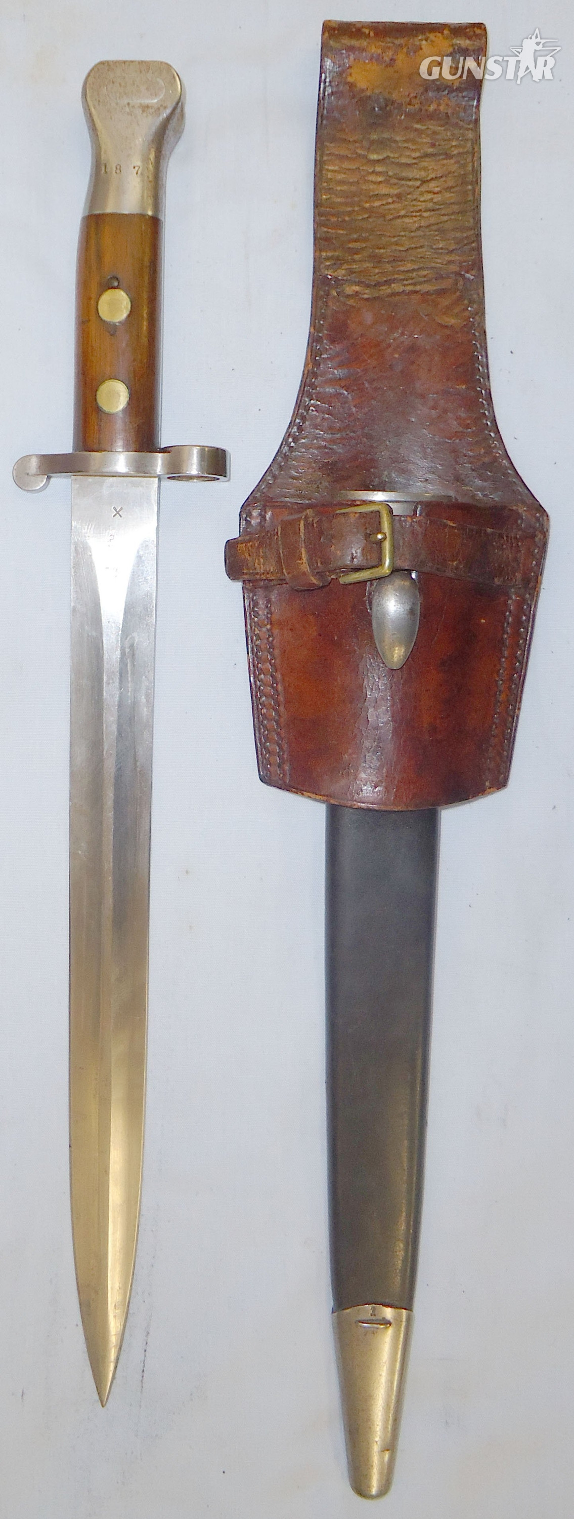 British Enfield 1888 Pattern MkI 2nd Type, Lee Metford Bayonet and MkII Scabbard with Frog by Manufacturer Edward Jones C&M 1909. 22426:30. Bayonet in 