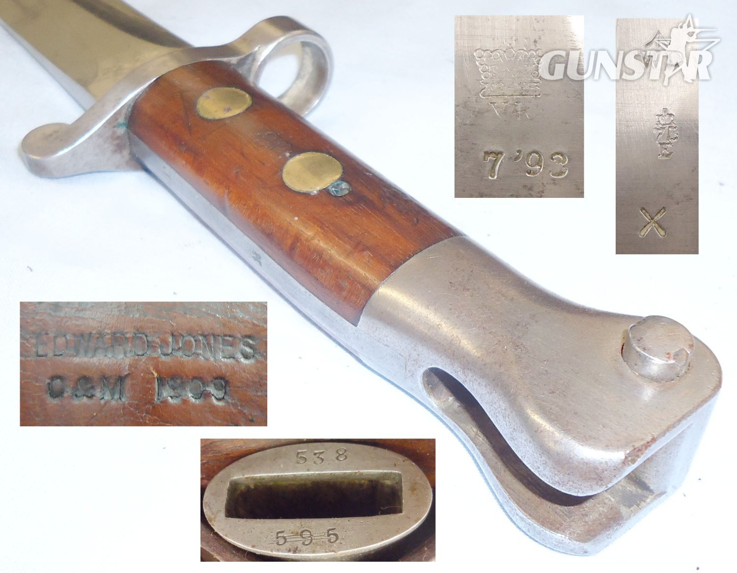 British Enfield 1888 Pattern MkI 2nd Type, Lee Metford Bayonet and MkII Scabbard with Frog by Manufacturer Edward Jones C&M 1909. 22426:30. Bayonet
