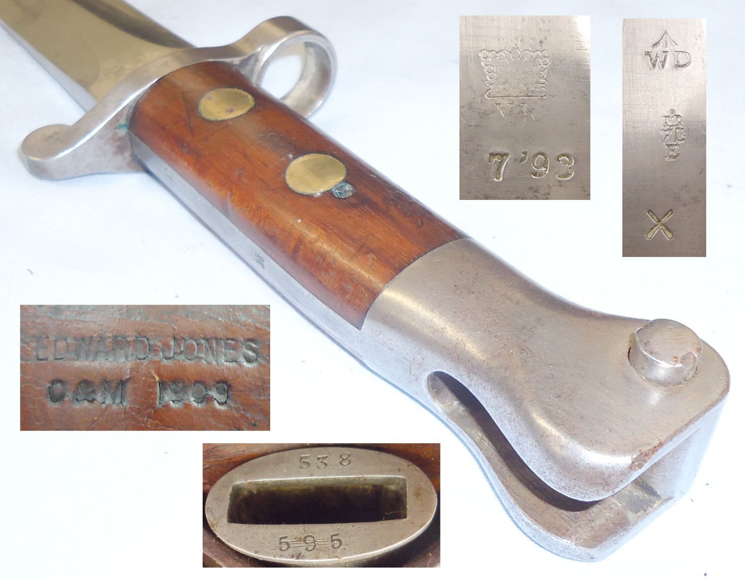 British Enfield 1888 Pattern MkI 2nd Type, Lee Metford Bayonet and MkII Scabbard with Frog by Manufacturer Edward Jones C&M 1909. 22426:30. Bayonet