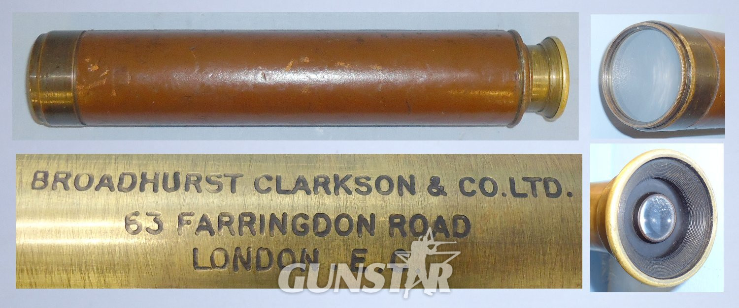 WWI Era British Officer’s Private Purchase 3 Draw Leather Bound Brass Telescope by Manufacturer \'Broadhurst Clarkson and Co Ltd of London. 10309. WWI Era British Officer’s Private Purchase 3 Draw Leather Bound Brass Telescope by Manufacturer 'Broadhurst Clarkson and Co Ltd of London. 10309.  Sight & Optic