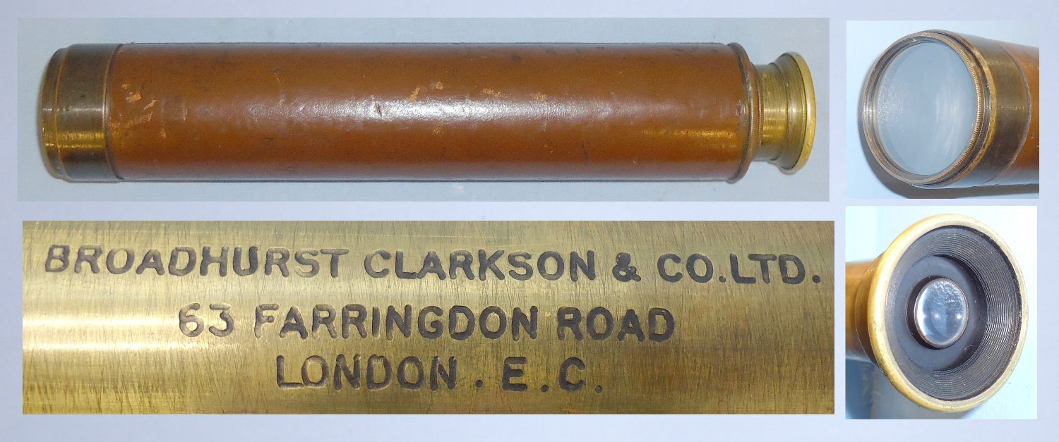 WWI Era British Officer’s Private Purchase 3 Draw Leather Bound Brass Telescope by Manufacturer \'Broadhurst Clarkson and Co Ltd of London. 10309. WWI Era British Officer’s Private Purchase 3 Draw Leather Bound Brass Telescope by Manufacturer 'Broadhurst Clarkson and Co Ltd of London. 10309.  Sight & Optic