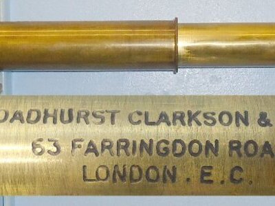 WWI Era British Officer’s Private Purchase 3 Draw Leather Bound Brass Telescope by Manufacturer \'Broadhurst Clarkson and Co Ltd of London. 10309. WWI Era British Officer’s Private Purchase 3 Draw Leather Bound Brass Telescope by Manufacturer 'Broadhurst Clarkson and Co Ltd of London. 10309.  Sight & Optic