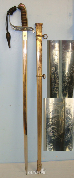 Victorian, British Lancashire Rifles Pattern 1827 Rifle Brigade Officer\'s Sword With Etched Blade, Leather Cord, Portepee & Scabbard. Sword in 