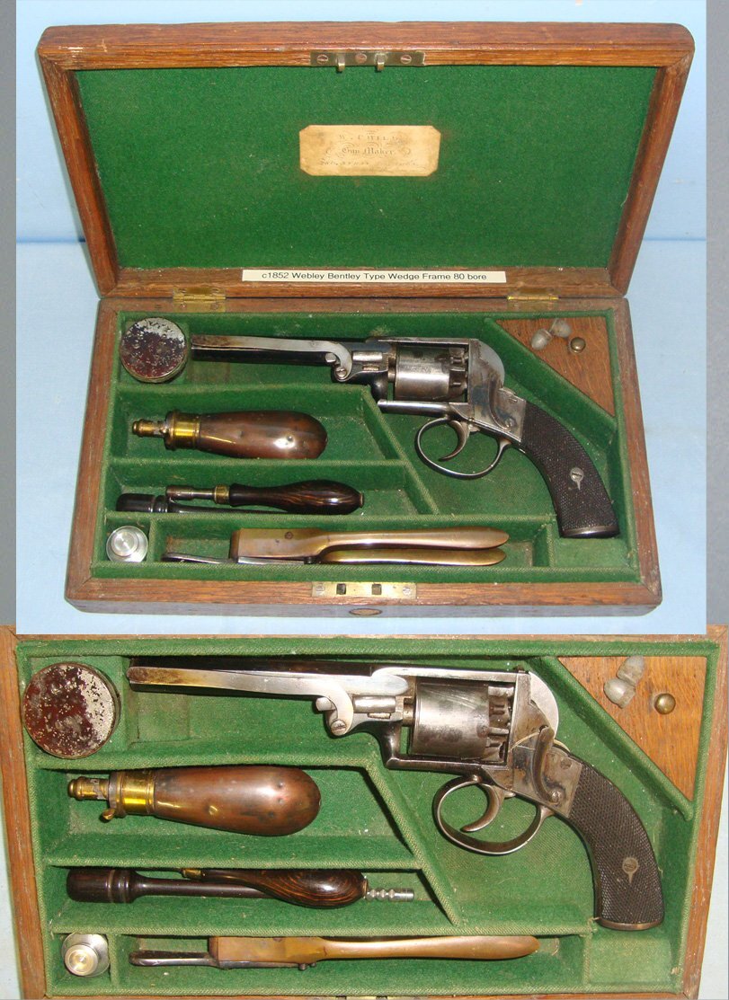  Cased C1852 Webley Bentley Type Wedge Frame 80 Bore Five Shot Double Action Only Percussion Revolver With Spurless Hammer, Octagonal Barrel & Accessories. Sn 22446 pistol Various Revolver
