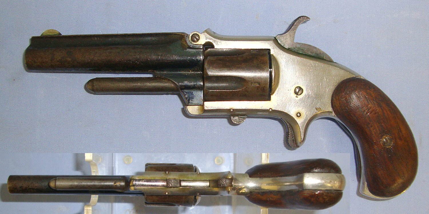  MINT BORE**ALL MATCHING NUMBERS**Mid 1800's Henry Deringer USA Smith & Wesson Transitional Model 1 ½ Type 'Tip Up' Barrel Factory Nickel Plated & Blued .32 Rim Fire  Obsolete Calibre 5 Shot Revolver. Sn 23118 .32 Revolver