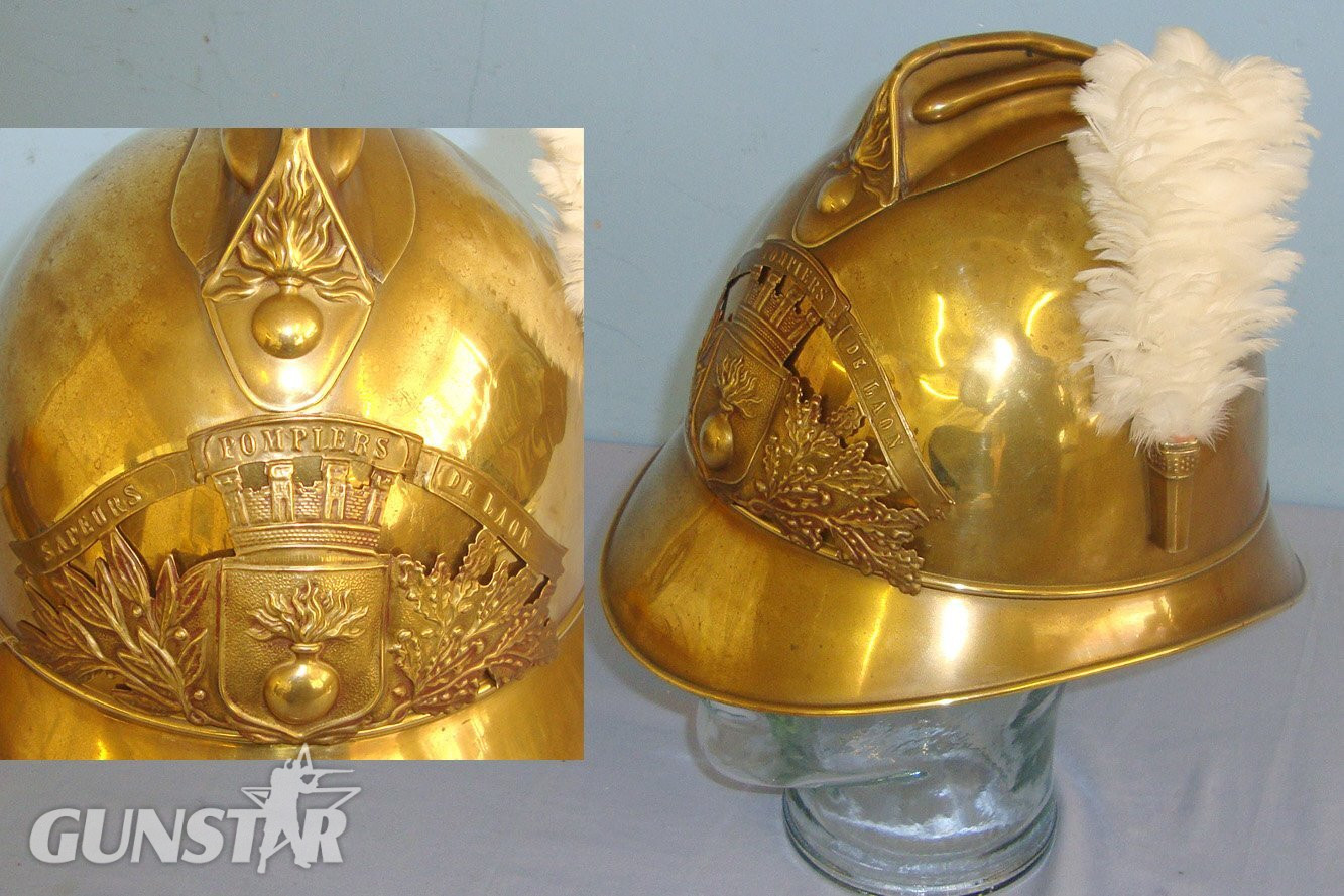 WW1 Era French Fire Brigade Brass Fireman’s Helmet) With Large Brass Helmet Plate ‘Sapeurs Pompiers De Laon’ (Fire Fighters Of Laon) With White feather Plume. Sn 21235  Clothing in 