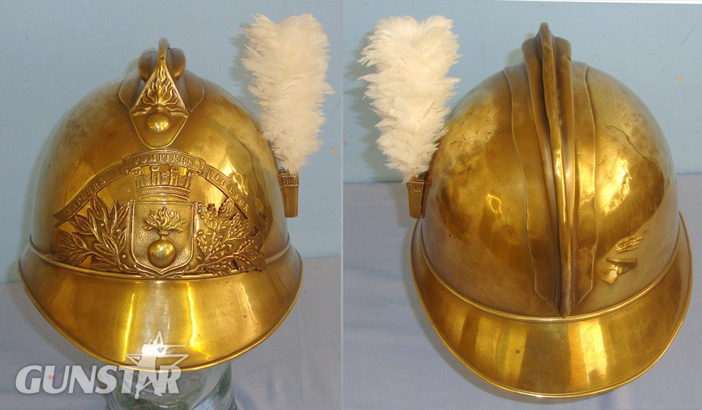 WW1 Era French Fire Brigade Brass Fireman’s Helmet) With Large Brass Helmet Plate ‘Sapeurs Pompiers De Laon’ (Fire Fighters Of Laon) With White feather Plume. Sn 21235  Clothing