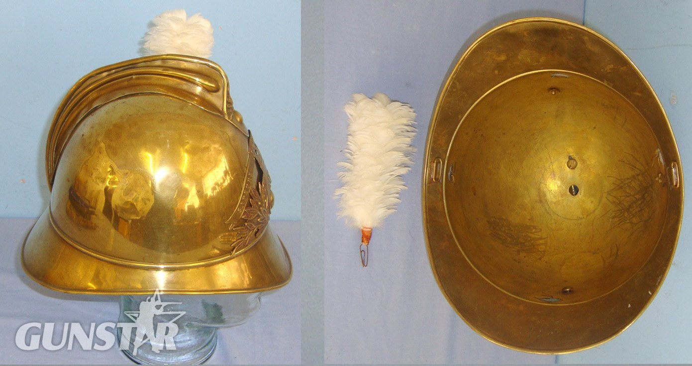  WW1 Era French Fire Brigade Brass Fireman’s Helmet) With Large Brass Helmet Plate ‘Sapeurs Pompiers De Laon’ (Fire Fighters Of Laon) With White feather Plume. Sn 21235  Clothing