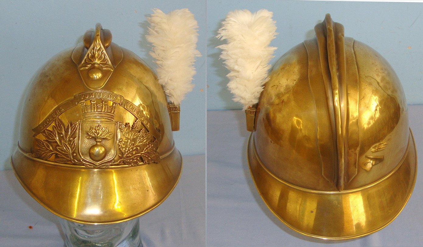 WW1 Era French Fire Brigade Brass Fireman’s Helmet) With Large Brass Helmet Plate ‘Sapeurs Pompiers De Laon’ (Fire Fighters Of Laon) With White feather Plume. Sn 21235  Clothing
