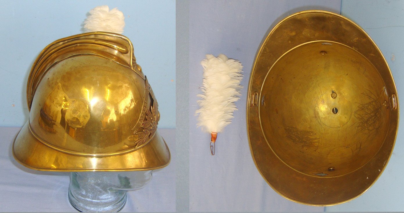  WW1 Era French Fire Brigade Brass Fireman’s Helmet) With Large Brass Helmet Plate ‘Sapeurs Pompiers De Laon’ (Fire Fighters Of Laon) With White feather Plume. Sn 21235  Clothing