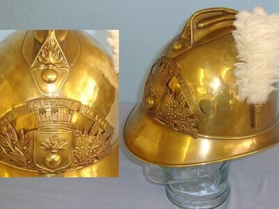 WW1 Era French Fire Brigade Brass Fireman’s Helmet) With Large Brass Helmet Plate ‘Sapeurs Pompiers De Laon’ (Fire Fighters Of Laon) With White feather Plume. Sn 21235  Clothing