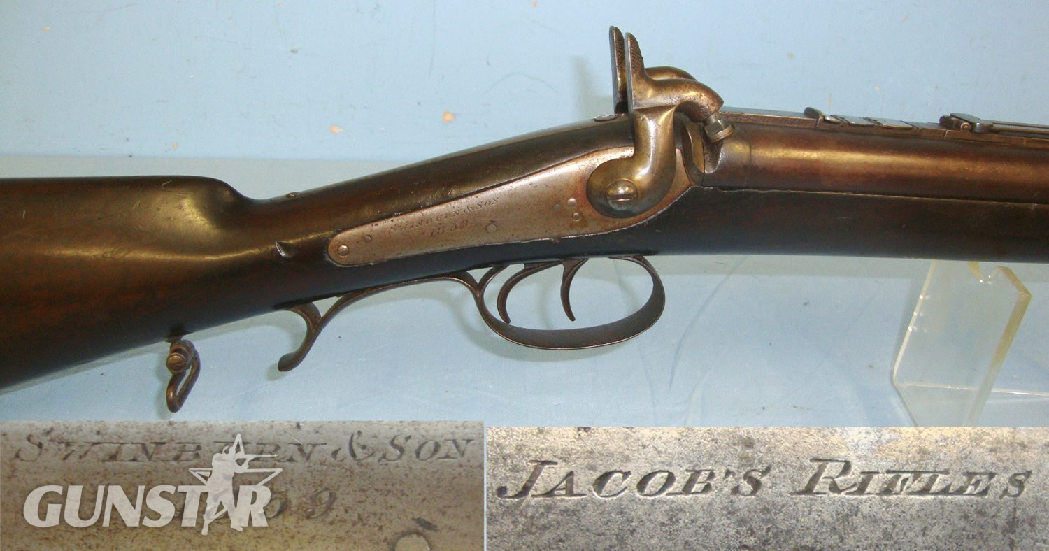 VERY RARE**ONE OF ONLY 900** Un-Altered, 1859 Dated, 32 Bore, Jacob Double Rifled Barrel Percussion Rifle By Swinburn & Son To The Indian Jacob's Rifles Battalion. Sn 14786 double rifle Double Rifle .32 Rifle