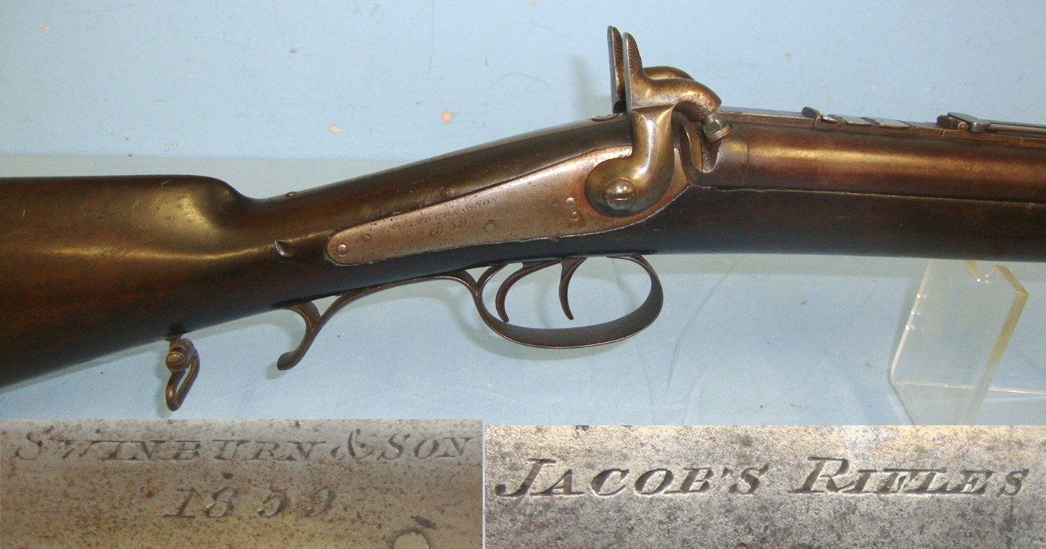 VERY RARE**ONE OF ONLY 900** Un-Altered, 1859 Dated, 32 Bore, Jacob Double Rifled Barrel Percussion Rifle By Swinburn & Son To The Indian Jacob's Rifles Battalion. Sn 14786 double rifle Double Rifle .32 Rifle