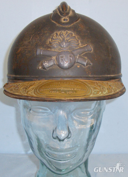 WWI French Artillery ‘Adrian’ Steel Helmet with WWI Dated Brass Peak Cover. HE 841. WWI French Artillery ‘Adrian’ Steel Helmet with WWI Dated Brass Peak Cover. HE 841. Clothing in 