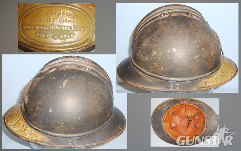 WWI French Artillery ‘Adrian’ Steel Helmet with WWI Dated Brass Peak Cover. HE 841. WWI French Artillery ‘Adrian’ Steel Helmet with WWI Dated Brass Peak Cover. HE 841. Clothing