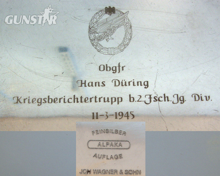 WW2 1945 Nazi German Joh Wagner & Son Fallschirmjager\'s (Paratrooper\'s) Honour War Service Solid Fine Silver Tray With Presentation Engraving To ‘Obgfr (Obergefreiter / Senior Lance Corporal) Hans During Kriegsberichtertrupp (War Reporter Troop). Sn 2  Other Accessory
