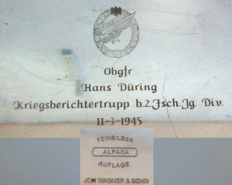 WW2 1945 Nazi German Joh Wagner & Son Fallschirmjager\'s (Paratrooper\'s) Honour War Service Solid Fine Silver Tray With Presentation Engraving To ‘Obgfr (Obergefreiter / Senior Lance Corporal) Hans During Kriegsberichtertrupp (War Reporter Troop). Sn 2  Other Accessory
