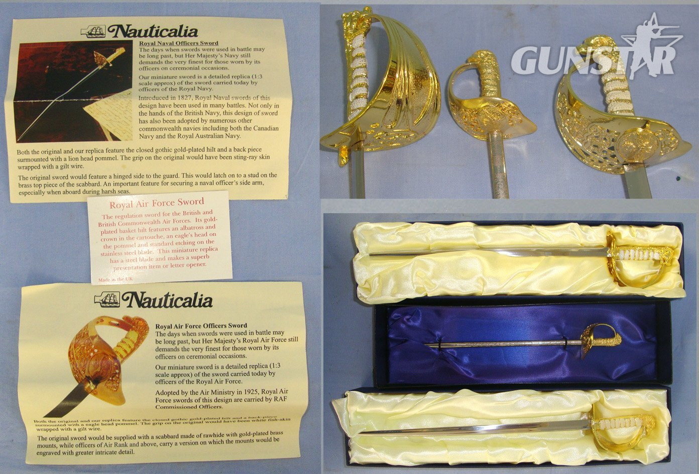 Collection Of 3 Boxed Mint Condition Miniature Swords: A British Royal Navy Officer’s By Nauticalia, A British Royal Air Force Officer’s Sword By Wilkinson & A British Royal Air Force Officer’s Sword By Nauticalia Each With Original Information Leaf Sword