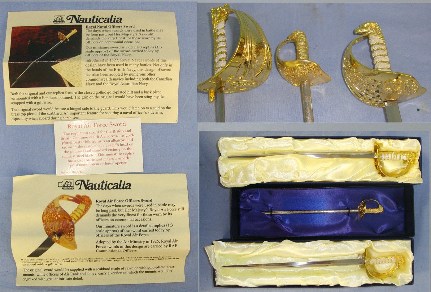 Collection Of 3 Boxed Mint Condition Miniature Swords: A British Royal Navy Officer’s By Nauticalia, A British Royal Air Force Officer’s Sword By Wilkinson & A British Royal Air Force Officer’s Sword By Nauticalia Each With Original Information Leaf Sword