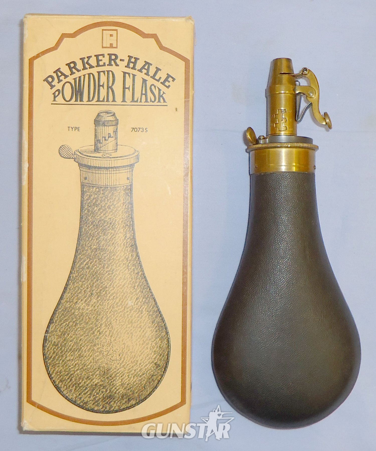 Boxed/Un-used* James Dixon & Sons Made for Parker Hale Ltd Copper Leather Covered Powder Flask with Graduated Brass Sprung Lever Nozzle Charger. 22441:33. Boxed/Un-used* James Dixon & Sons Made for Parker Hale Ltd Copper Leather Covered Powder Flask with Graduated Brass Sprung Lever Nozzle Charger. 22441:33. Other Accessory in 