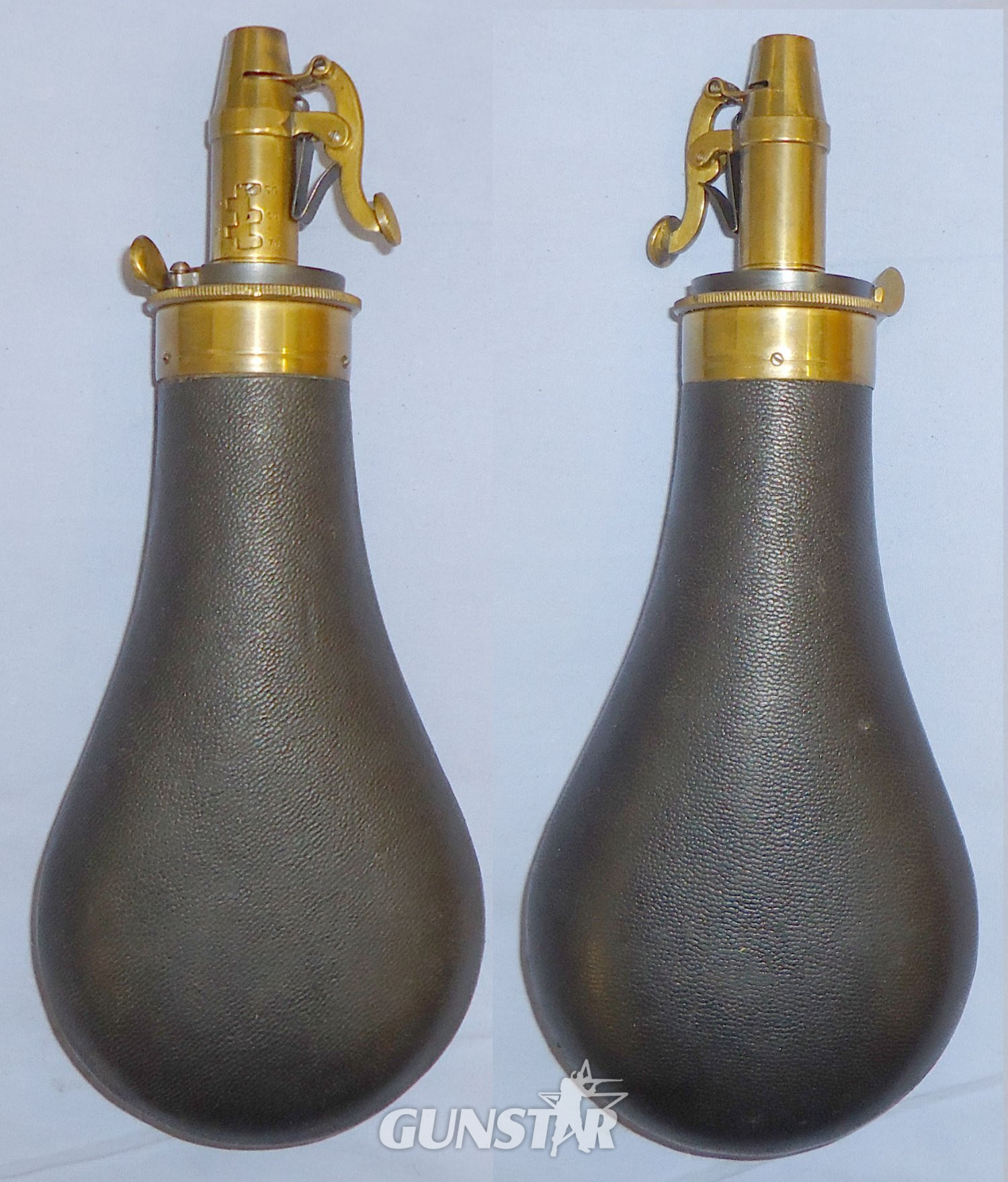 Boxed/Un-used* James Dixon & Sons Made for Parker Hale Ltd Copper Leather Covered Powder Flask with Graduated Brass Sprung Lever Nozzle Charger. 22441:33. Boxed/Un-used* James Dixon & Sons Made for Parker Hale Ltd Copper Leather Covered Powder Flask with Graduated Brass Sprung Lever Nozzle Charger. 22441:33. Other Accessory