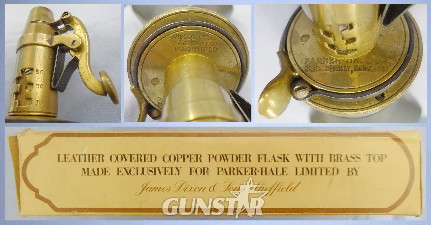  Boxed/Un-used* James Dixon & Sons Made for Parker Hale Ltd Copper Leather Covered Powder Flask with Graduated Brass Sprung Lever Nozzle Charger. 22441:33. Boxed/Un-used* James Dixon & Sons Made for Parker Hale Ltd Copper Leather Covered Powder Flask with Graduated Brass Sprung Lever Nozzle Charger. 22441:33. Other Accessory