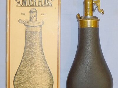 Boxed/Un-used* James Dixon & Sons Made for Parker Hale Ltd Copper Leather Covered Powder Flask with Graduated Brass Sprung Lever Nozzle Charger. 22441:33. Boxed/Un-used* James Dixon & Sons Made for Parker Hale Ltd Copper Leather Covered Powder Flask with Graduated Brass Sprung Lever Nozzle Charger. 22441:33. Other Accessory