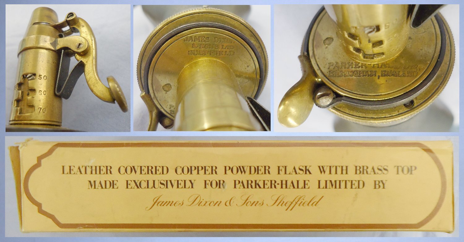  Boxed/Un-used* James Dixon & Sons Made for Parker Hale Ltd Copper Leather Covered Powder Flask with Graduated Brass Sprung Lever Nozzle Charger. 22441:33. Boxed/Un-used* James Dixon & Sons Made for Parker Hale Ltd Copper Leather Covered Powder Flask with Graduated Brass Sprung Lever Nozzle Charger. 22441:33. Other Accessory