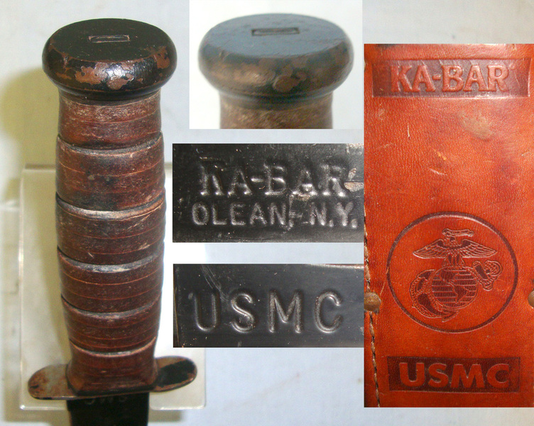 WW2 Era U.S. KA-BAR USMC (United States Marine Corps) MK 2 2nd Type Fighting Knife & USMC KA-BAR Leather Scabbard Knive