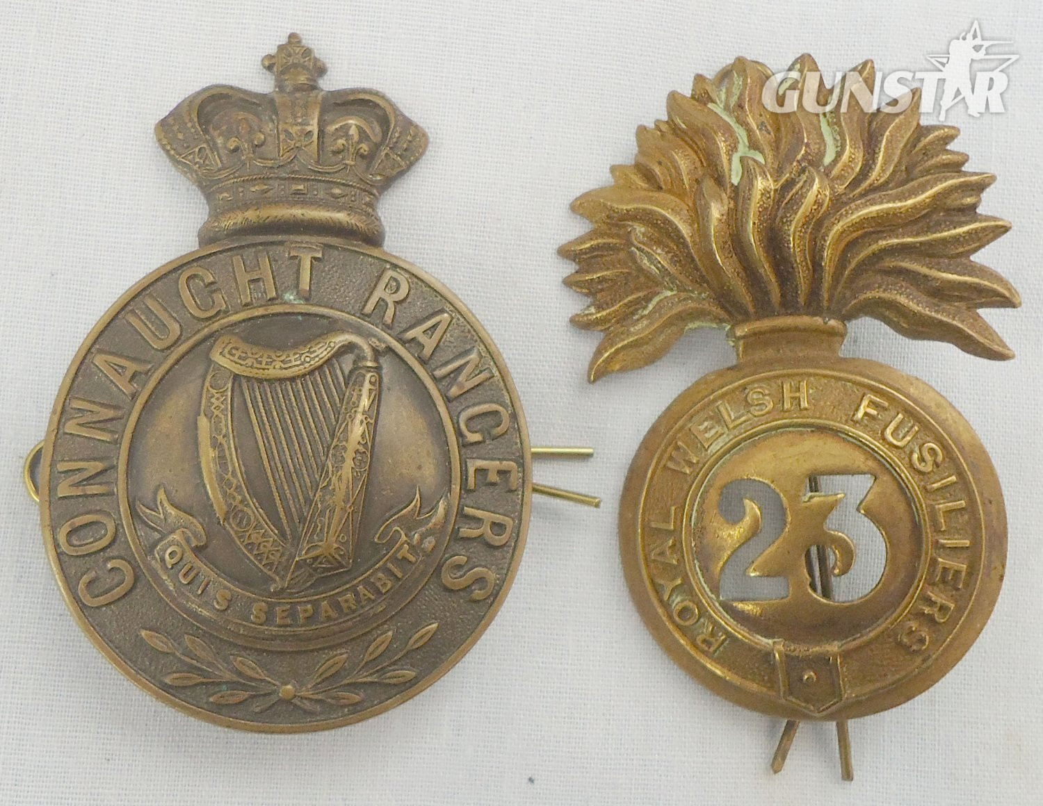 Pair* Royal Welsh Fusiliers 23rd Regiment and Connaught Rangers Glengarry Cap Badges. 22434:15. Pair* Royal Welsh Fusiliers 23rd Regiment and Connaught Rangers Glengarry Cap Badges. 22434:15.  Antique & Militaria in 