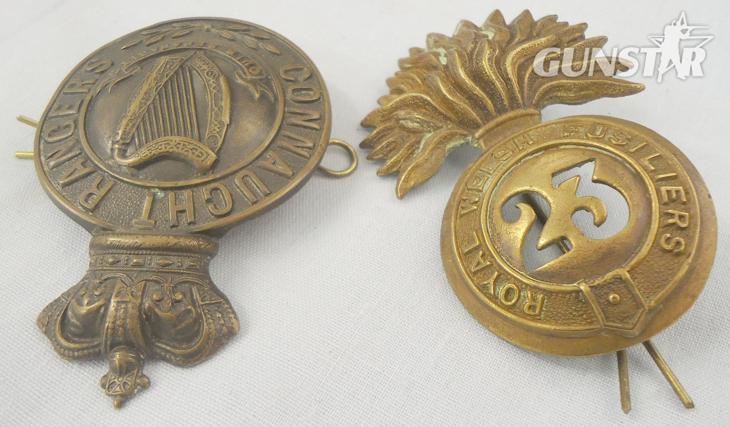 Pair* Royal Welsh Fusiliers 23rd Regiment and Connaught Rangers Glengarry Cap Badges. 22434:15. Pair* Royal Welsh Fusiliers 23rd Regiment and Connaught Rangers Glengarry Cap Badges. 22434:15.  Antique & Militaria