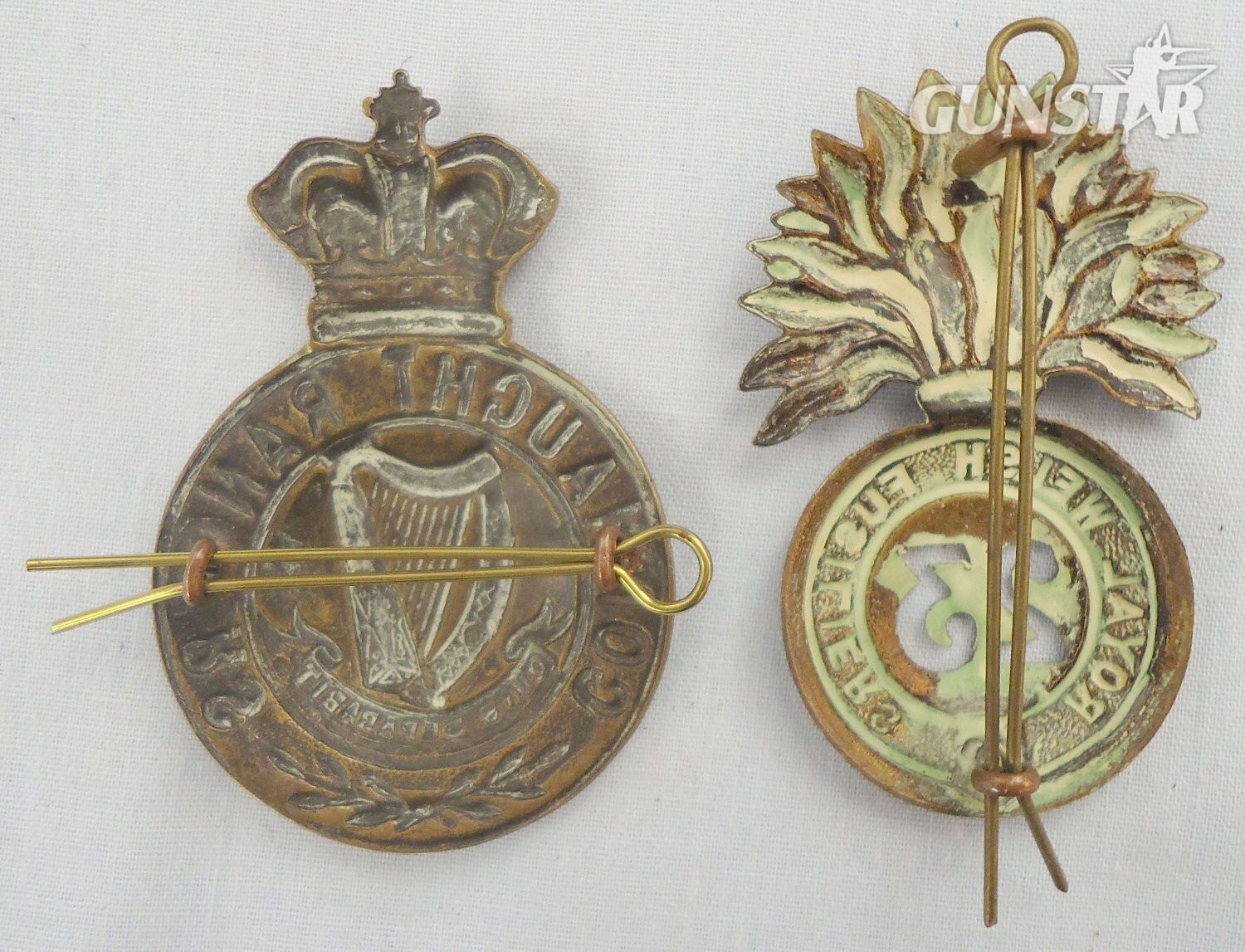  Pair* Royal Welsh Fusiliers 23rd Regiment and Connaught Rangers Glengarry Cap Badges. 22434:15. Pair* Royal Welsh Fusiliers 23rd Regiment and Connaught Rangers Glengarry Cap Badges. 22434:15.  Antique & Militaria